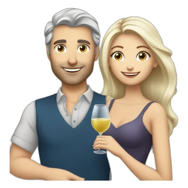 caucasian woman with brown eyes and blond medium long hair and a caucasian man with blue eyes and grey hair, toasting with a glass of white wine sticker