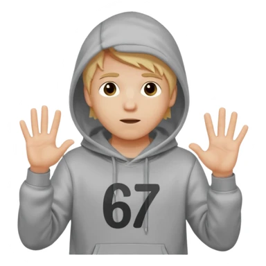 a white kid blone hair with a grey hoodie and his above his hands saying 67 one 6 on 1 hand 7 on the other sticker