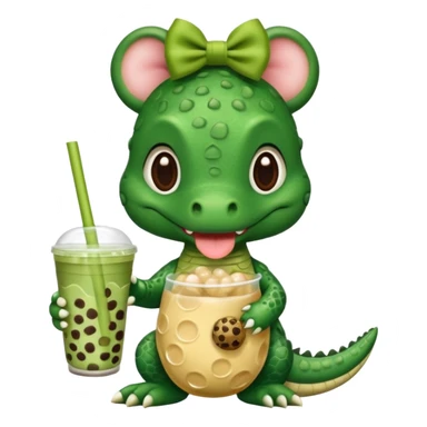 baby alligator with bow holding a boba tea sticker