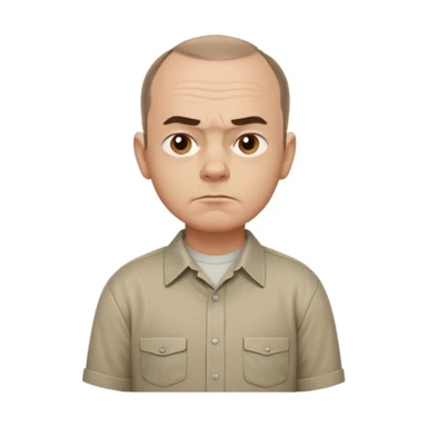 Carl from Sling Blade, serious expression, recognizable features, neutral background, full body, chin sticking out, slouching posture, no glasses, shirt with collar sticker