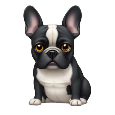 Black French bulldog X pug frowning face grey chin floppy ears and bottom teeth showing  sticker