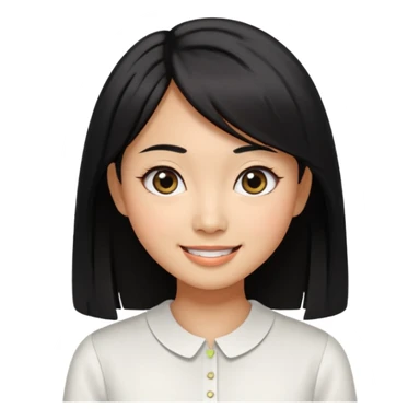 30 yr old asian woman center parted hair big eyes big smile tanned skin straight black hair hippie part hair white blouse shoulder length hair middle parted hair few short bangs at front sticker