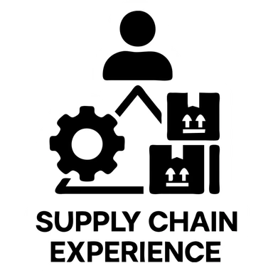 Minimalistic icon for 'Supply Chain Experience' featuring a logistics symbol, designed in a solid black filled style, with a triangular layout sticker