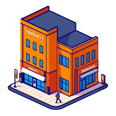 Isometric Sainsbury's Local smaller format store with orange facade, ATM outside, and pedestrians with shopping bags sticker