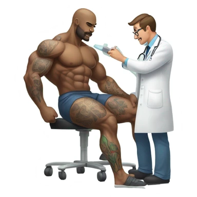 Body builder tattoo doctor inspecting leg sticker