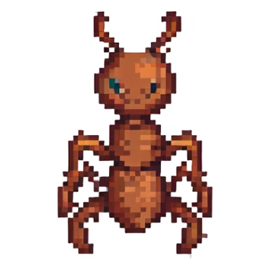 an emoji of an ant with body and legs made out of axes, pixel art style sticker