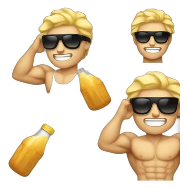 Muscular blonde boy with sunglasses and a proteins shake sticker