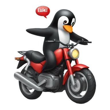 A penguin riding a motorbike making a rock sign like Spider-Man sticker