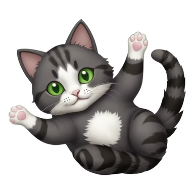 dark grey cat with green eyes, white toes/paws and white patch on her chest playfully rolling upside down sticker