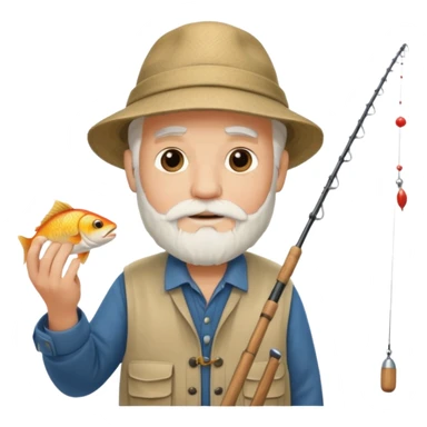 an old white haired, bearded man in fisherman attire, sat in a boat at sea, holding a fishing rod and catching fish with it. sticker