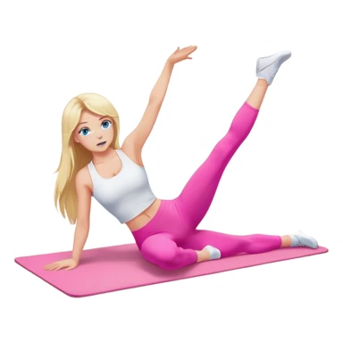 A cinematically realistic blonde with long hair and blue eyes, dressed in a white top and pink leggings, performs a sports exercise on a mat sticker