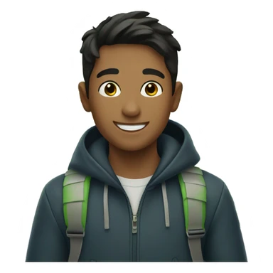 Dark hair boy smiling outdoors with green leafs sticker