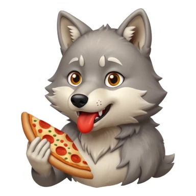 a surprised grey wolf eating a piece of pizza in a sitting pose emoji sticker