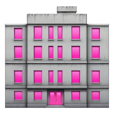 Soviet-era concrete rectangular apartment block with a single window emitting bright pink UV light, stark gray facades with slight disrepair sticker