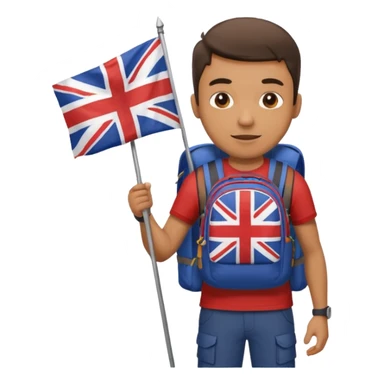 A guy with a hiking backpack and a Union Jack on his T-shirt holds the Union Jack. sticker