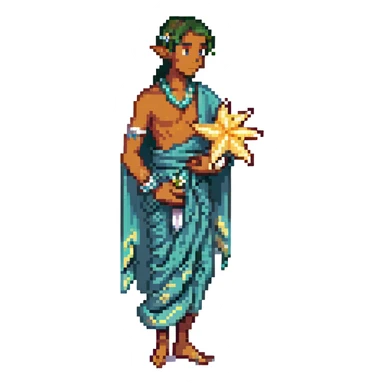 elf male Sarong with bioluminescent embroidery, armful of starfish, hair in a braid with pearl pins sticker