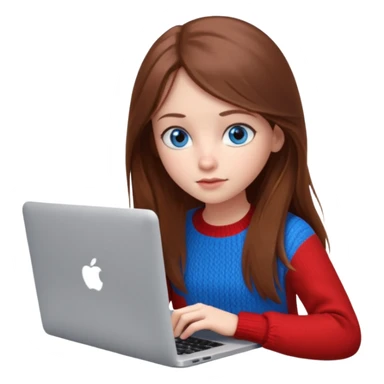 Emoji of a cute 3D girl with long brown hair and blue eyes, wearing a red sweater, focused working on a MacBook laptop, white background sticker