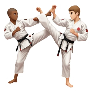 Two karate fighters in traditional gi sparring. One executes a high kick aimed at the opponent’s head, while the other blocks with a strong hand defense. The background features a classic dojo with wooden flooring and banners. Dynamic motion and focused expressions. Transparent background. sticker