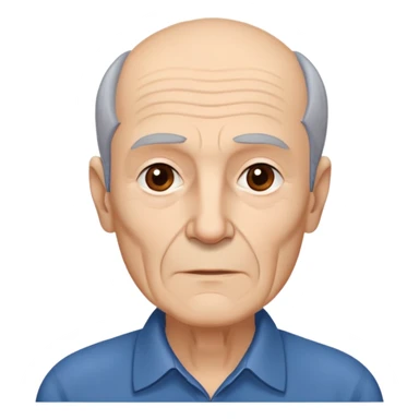 Elderly thin man with light skin. Narrow face with visible cheekbones and jawline. Signs of aging with some wrinkles. Expressive dark brown eyes, thick eyebrows. Short brown hair with receding hairline. Untidy brown beard with some gray strands. Wearing a dark blue shirt. sticker