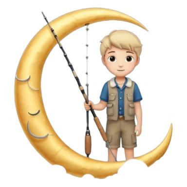 A dreamy night sky with a crescent moon. A boy sits on the moon holding a fishing rod, surrounded by soft clouds and stars. Magical and peaceful atmosphere. sticker