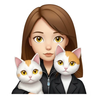 Light-skinned girl with brown straight hair wearing a black jacket, with a pure white cat with yellow eyes and a calico cat sticker
