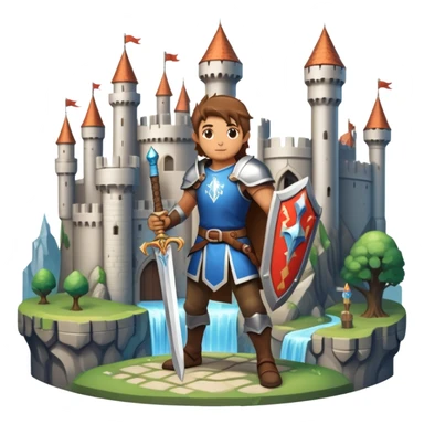 An icon symbolizing a RPG game, featuring a character holding a sword and shield, standing in front of a fantasy world with castles, dungeons and mythical creatures. The design emphasizes exploration, quests with elements like health bars and inventory icons. Transparent background sticker