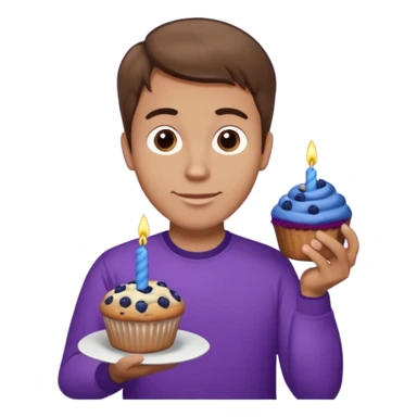 Make a white man with brown hair wearing a shirt that says happy b day Virginia holding a blueberry muffin with a birthday candle in it. Have him holding multiple muffins and no candles in hand. Have him wearing a purple shirt  sticker