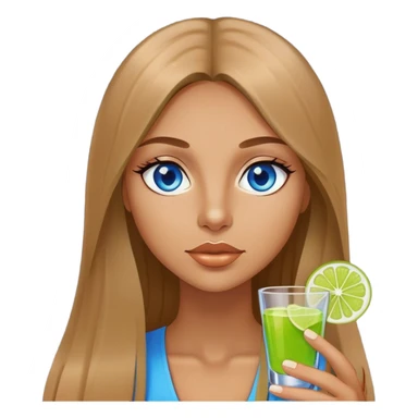 tan woman, long light brown straight hair, blue eyes, holding a shot with lime sticker