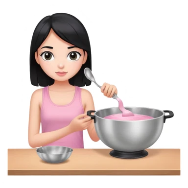 girl with black hair and black eyes white tone skin wearing pink pastel tanktop, and holding a silver bowl cooking or mixing something sticker