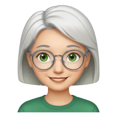 visage femme a lunettes ronde avec cheveux courts gris-blancs aux yeux verts qui souris sticker