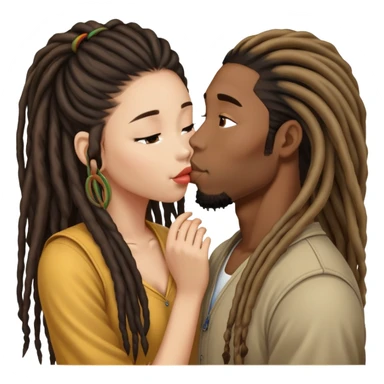 Black guy with dreadlocs kissing long haired Asian gum sticker
