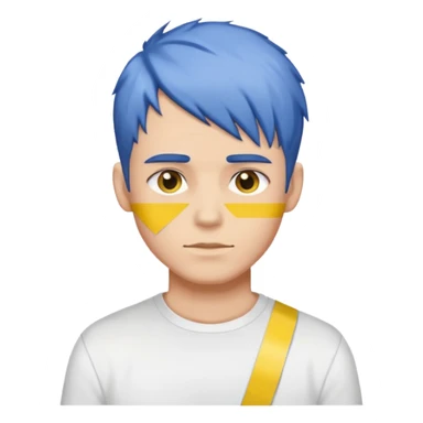 Make me an emoji that has a guy with a white shirt and yellow tape around the shirt with brown and blue hair  sticker