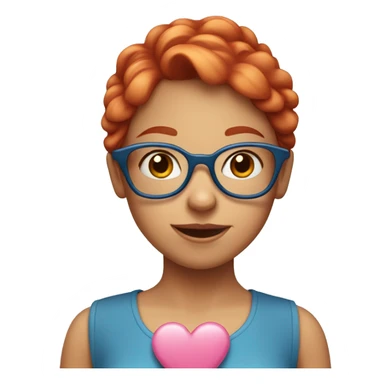Emoji of a red-haired girl in glasses, wearing a blue dress and holding a pink heart, with a sweet and friendly expression. sticker