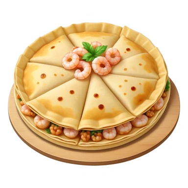 Bánh Xèo Cinematic Realistic Bánh Xèo Dish Emoji, depicted as a crispy, folded semi circle crepe filled with tiny shrimp and pork, rendered with dynamic textures and vibrant, appetizing lighting. sticker