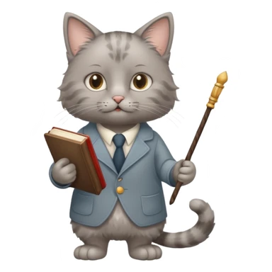 A cat with a mirror on its feet, a book in one hand, a teacher's stick in the other, and hair that looks like Einstein's. sticker