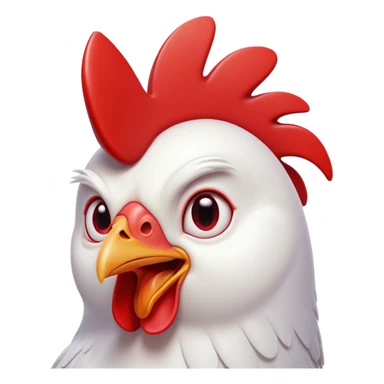 Cinematic Comical White Chicken Portrait Emoji, Head tilted dramatically with an exaggeratedly shocked or amused expression, featuring a sleek, immaculate white plumage with a prominent red comb, wide, expressive beady eyes filled with playful disbelief, Simplified yet hilariously expressive features, highly detailed, glowing with a slightly sassy glow, high shine, dramatic yet playful, stylized with an air of cheeky mischief, bright and endearing, soft glowing outline, capturing the essence of a spirited and over-the-top chicken, so meme-worthy it feels like it could cluck its way into internet fame instantly! sticker