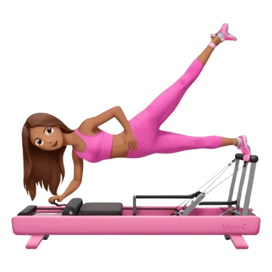 girl doing a plank on a pilates reformer in a pink workout set with long brown hair sticker