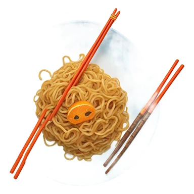Chinese fried noodle in white and blue plate with orange spoon and chopsticks sticker