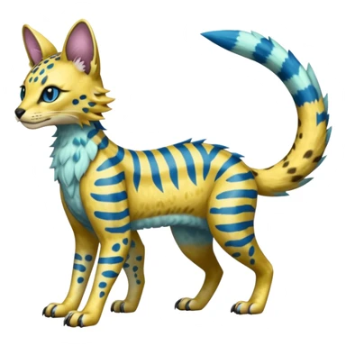 Colorful Exotic Golden Gold Shiny Lombax-Sergal-Vernid-Trico-Serval-Civet-Genet-Pokémon-Digimon-Fakémon-fusion-hybrid-creature with Cyan stripes and blue leopard-spot-markings  sticker