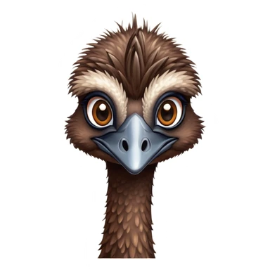 Cinematic Cute Emu Portrait Emoji, Head tilted playfully and inquisitively, featuring a glossy, textured brown plumage with a perky head and round, sparkling eyes full of curious wonder, Simplified yet irresistibly adorable features, highly detailed, glowing with a warm, friendly glow, high shine, affectionate and lively, stylized with a touch of outback whimsy, bright and endearing, soft glowing outline, capturing the essence of a mischievous yet loving emu, so playful it feels like it could gallop out of the screen into your arms! sticker