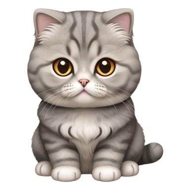 Cinematic-Fluffy-Grey-Scottish-Fold-Cat-Portrait-Emoji – Head tilted cutely with big, sparkling amber eyes, soft solid-grey fur with a velvety sheen, signature folded ears giving an irresistibly endearing look, simplified yet charmingly adorable features, highly detailed, glowing with a soft and warm charm. sticker
