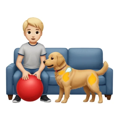 kid and dog playing with ball, living room background sticker