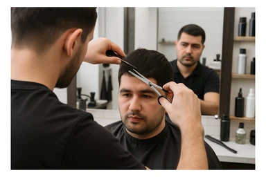 yuzi ko'rinmasin sartaroshxonada ishlayotganini tasvirlab ber mijozlarni sochini olayotganini sticker