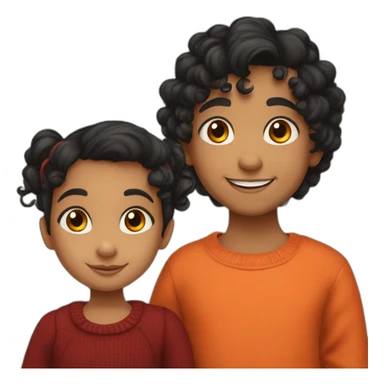 smiling 3 years old indian girl with black curly hair in pigtails wearing a orange dress and smiling 3 years old indian boy with black hair wearing a dark red sweater sticker