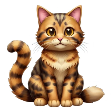 cinematic-[tortoiseshell tabby cat]-realistic-full-body-sitting-emoji,-tail-curled-playfully-around-its-paws,-head-tilted-dramatically,-scruffy-[tortoiseshell coloured]-fur,-simplified-yet-realistic-focused-features,-highly-detailed,-glowing-with-an-almost-sarcastic-glow sticker