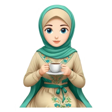 Turkish beautiful finish Konya girls blue eyes with Beautiful beige green floral hijab long tail dress and this two friends sit in a lovely garden on the chair on the ground and holds cup coffe with her hand  sticker