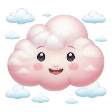 Cinematic round pastel cloud, soft puffy texture, gentle glowing edges, tiny happy face with blushing cheeks, floating in a dreamy sky, warm and magical. sticker