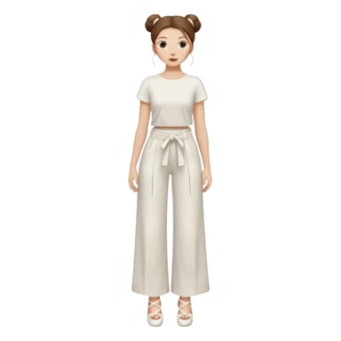 Chica blanca, traje pantalón blanco ancho, muy largo zapatos blancos tacon pelo recogido con mondongos mechones sueltos castaño ycuerpo entero sticker