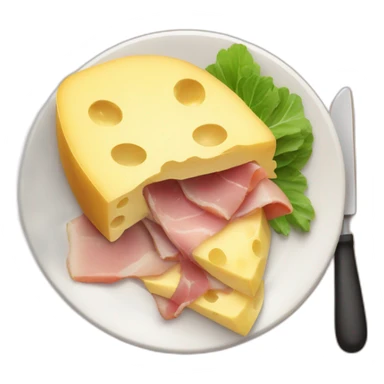 A big Melting raclette cheese in a plate with a little piece of ham and 4 potatoes  sticker