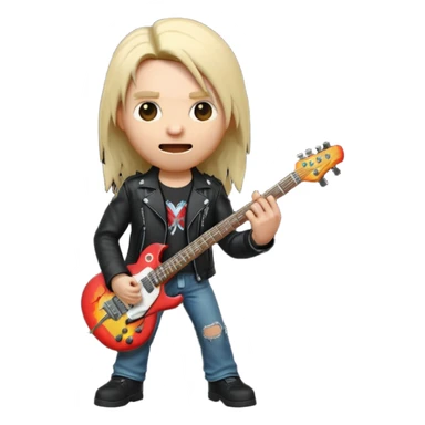 3D Apple-style emoji of a metal musician holding an electric guitar with a bold "ROCK" sign above. Long hair, black leather jacket, ripped jeans, intense expression. Rounded, glossy, smooth, soft shadows, white background.











 sticker